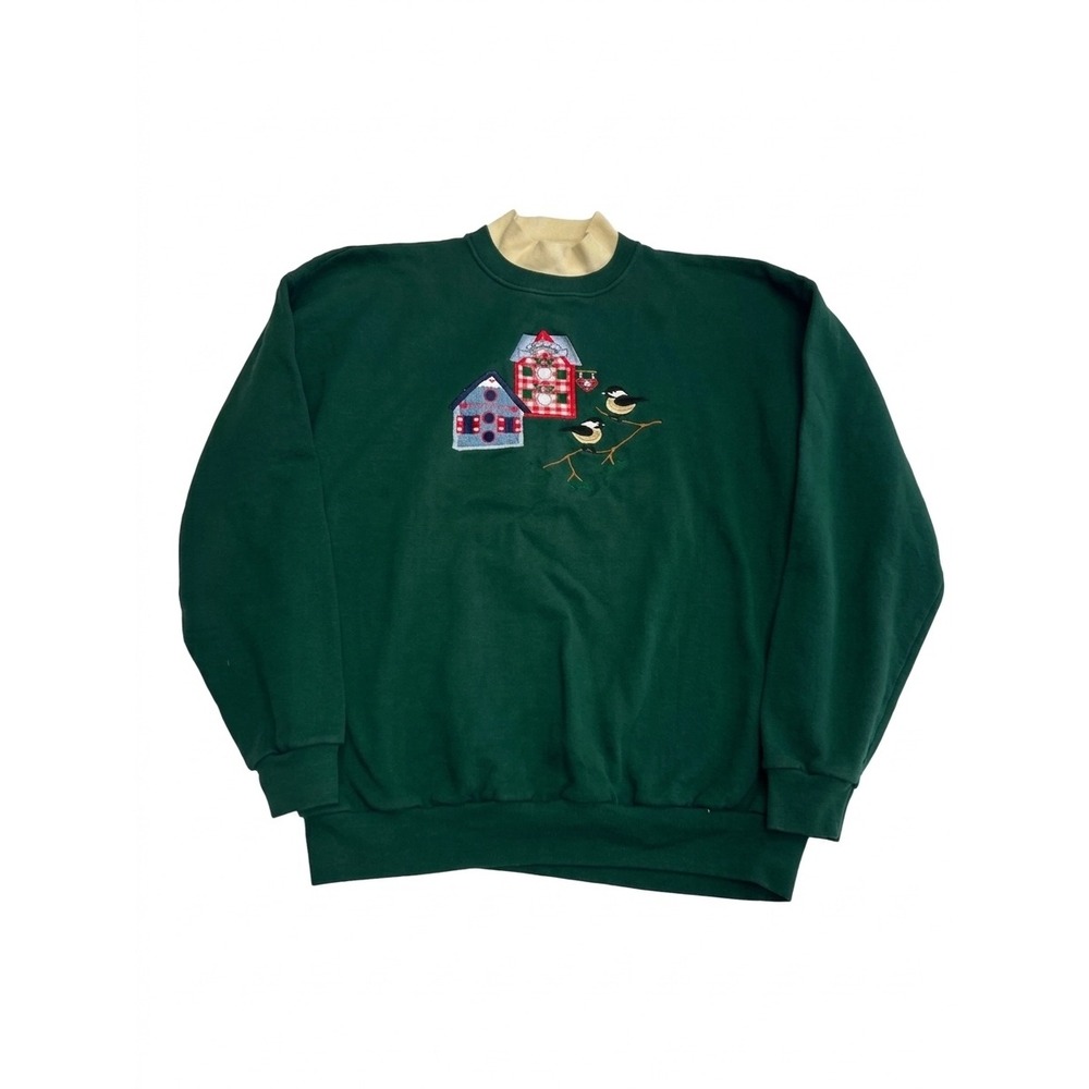 Endless Designs Sweatshirt Women L Green Good Vintage Birdhouse Chickadee USA